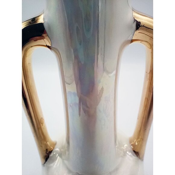 Vintage 22K Gold Luster Vase Pioneer Pottery USA Iridescent Pearl Double Handle - Picture 9 of 16